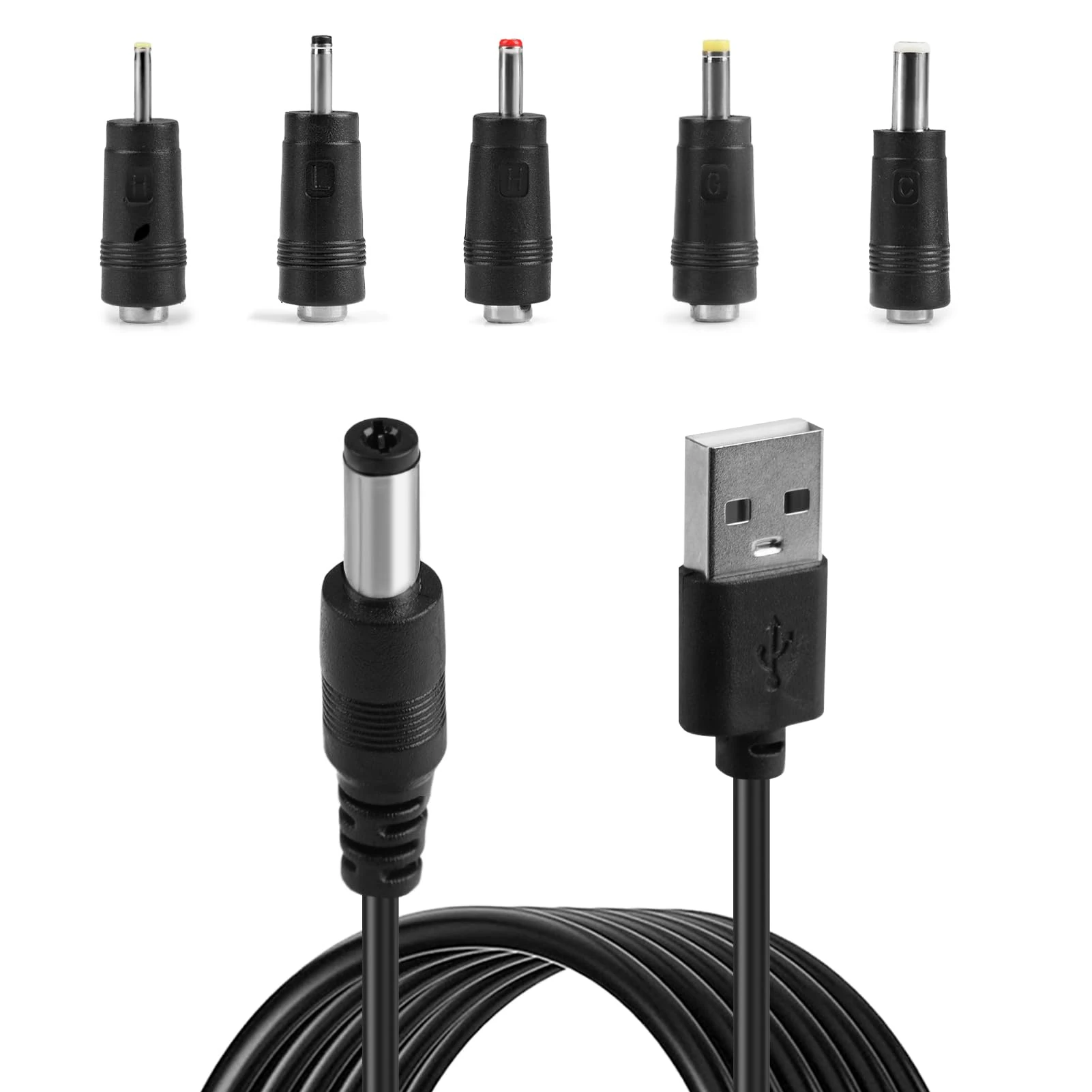 USB to DC Cable, 1M 5V 2.0 A Universal USB Power Cable Male to DC 5.5 x 2.1mm Barrel Jack Plug Charger Power Cord Adapter with 2.5x0.7mm 3.5x1.35mm 4.0x1.7mm 5.5x2.5mm 3.0x1.0mm 5 Connectors Tips