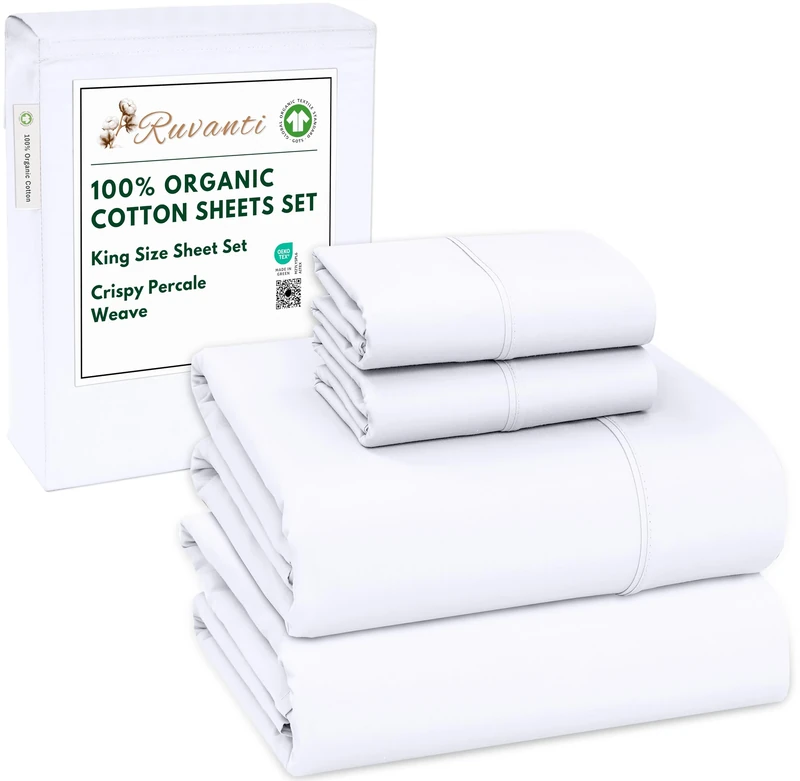 Ruvanti 100% Organic Cotton King Size Sheets Set, 4 Pieces, Soft & Breathable Percale Weave Bedding, Deep Pocket 16", Hotel Standard, Crisp Cool Feel, Durable, Dyed Sheet Sets, Bright White