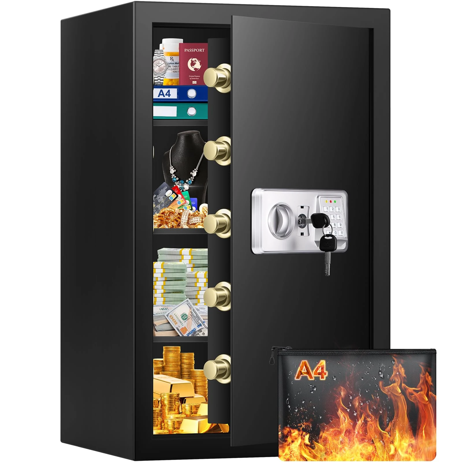 Mejasg Extra Large Safe Fireproof with Fireproof Document Bag & 3 Removable Shelves, 102 L Robust Furniture Safe with Alarm System, Cabinet Safe for Home, Cash, Medication, A4 Documents