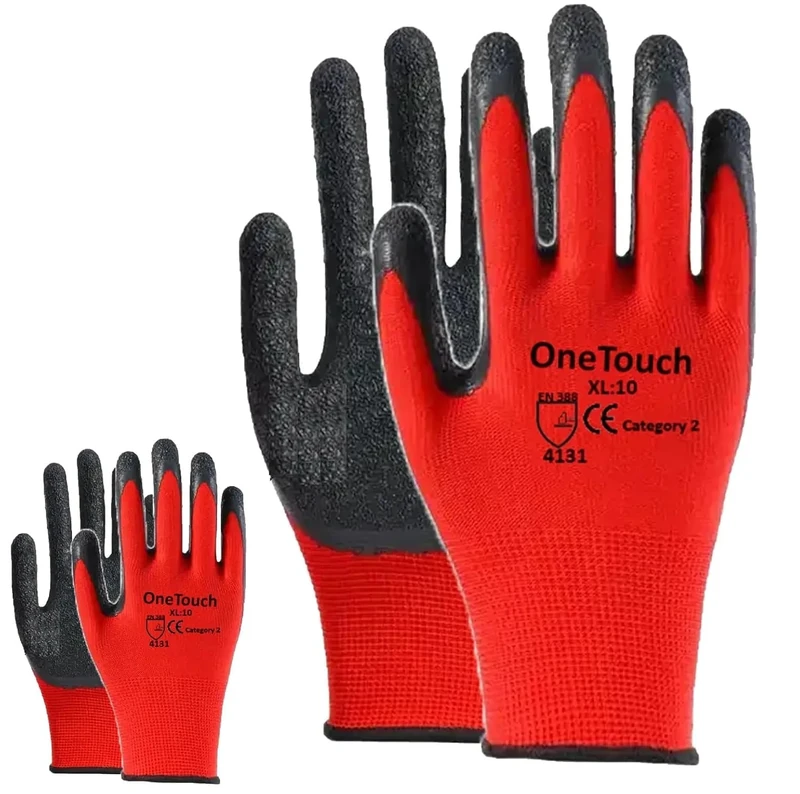 A406 24 Pairs Red Work Gloves Latex coated Crinkled finish Safety Gloves Non Slip Gloves Rubber Gloves for Builder construction gardening Heavy Duty for Construction, Warehouse (Large-9)