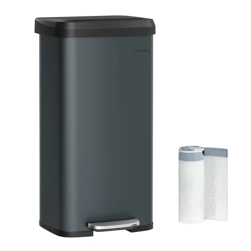 SONGMICS Kitchen Trash Can, 18-Gallon Stainless Steel Garbage Can, with Stay-Open Lid and Step-on Pedal, Soft Closure, Tall, Large and Space-Saving, Charcoal Gray and Black ULTB520G01
