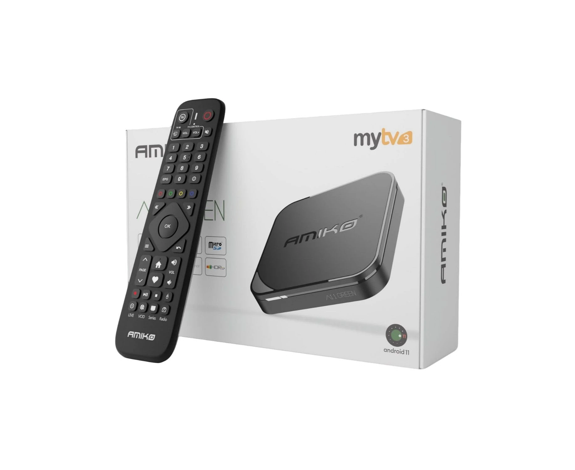 Amiko A11 Green 4K UHD ANDROID Mytv3 Quad Core WiFi HDR10 UK PLUG TV BOX AMIKO 2GB RAM,16GB MMC