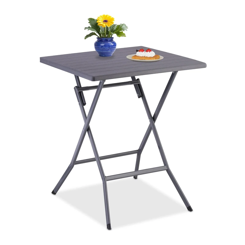 Relaxdays Garden Table, Foldable, HWD: 73 x 62 x 62 cm, Plastic, Steel, Weatherproof, Fits 4 People, Camping, Grey