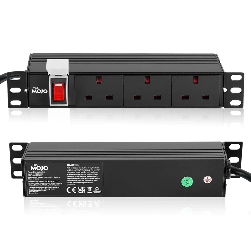 Tecmojo Rack Mount PDU 13A Switched Power distribution Unit, Aluminum Alloy With UK Plug, 2M Cable (3 way 10 inch)