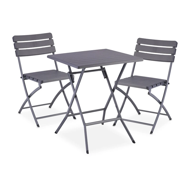 Relaxdays Balcony Furniture, 3-Piece, 1 Table & 2 Chairs, Foldable, Garden Set in Wood Look, Steel & Plastic, Grey, 74 x 61 x 61 cm