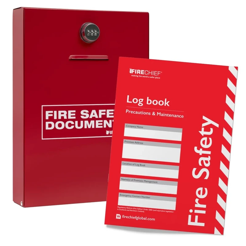 Firechief® Fire Safety Log Book & Red Slimline Metal Document Cabinet with Combination Lock for A4 and A5 Documents - for Offices, Public Buildings, and Commercial Premises