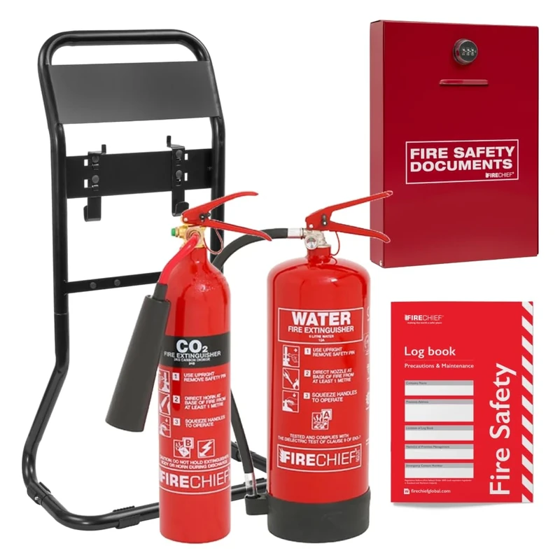 Office Fire Safety Kit - Water Extinguisher, CO2 Extinguisher, Double Flat Pack Stand, Document Holder, Fire Log Book - Office Fire Equipment - Workplace Fire Safety Equipment