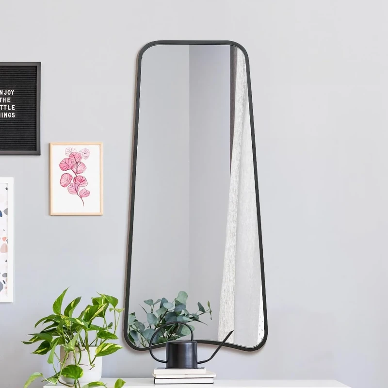 MirrorOutlet The Coartans - Black Metal Isosceles Trapezoid Framed Rectangular Wall Mirror 48" X 23" (122CM X 58CM) Silvered Mirror Glass. Extra Large.