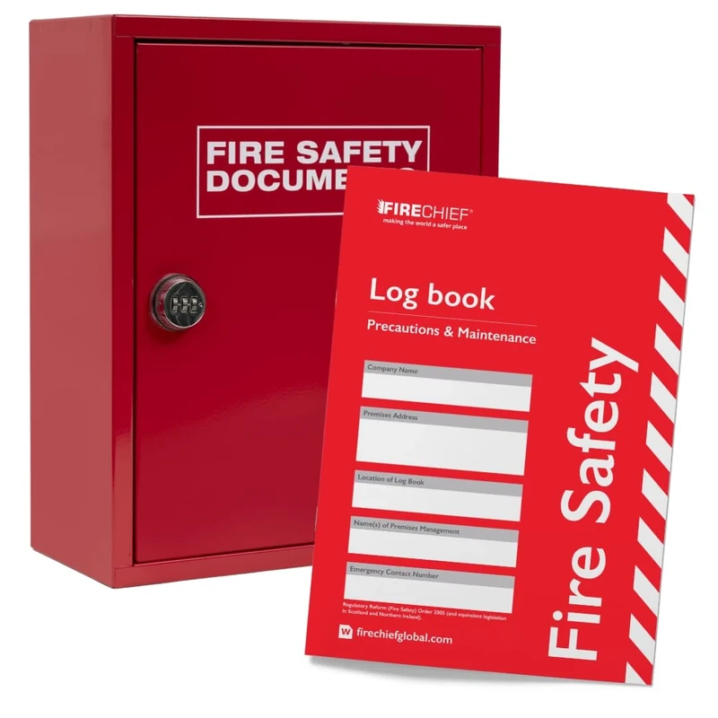 Firechief® Fire Safety Log Book & Red Metal Document Cabinet with Combination Lock for A4 and A5 Documents - For Offices, Public Buildings, and Commercial Premises