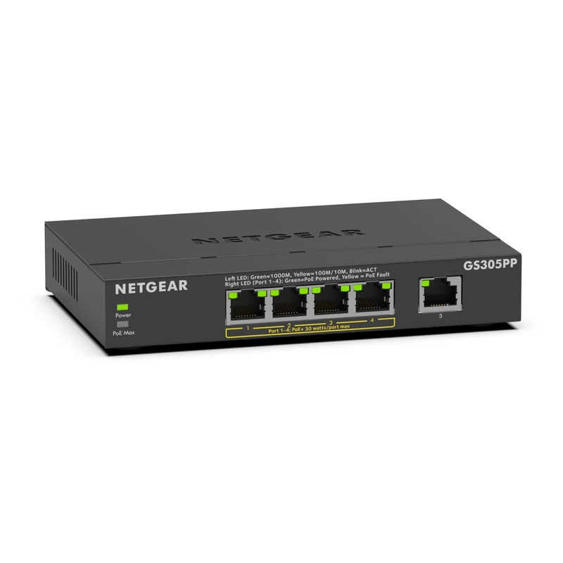 NETGEAR 5 Port PoE Switch GS305PP - Ethernet Splitter - Ethernet Switch - Ethernet Hub - Plug-and-Play - Silent Operation - Desktop or Wall Mount