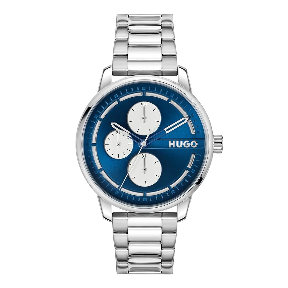 HUGO Analogue Multifunction Quartz Watch for Men #STAMP MULTI Collection with Leather Strap or Stainless Steel Bracelet,blue