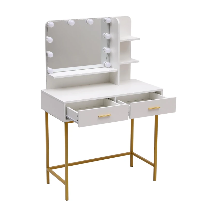 MMT Furniture Designs Ltd White Dressing Table Gold Legs Female Vanity Desk with LED Lights, Make Up Desk with 2 Drawers, Mirror White Wooden 90cm x 45cm x 137cm