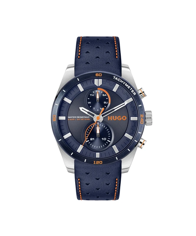 HUGO Analogue Multifunction Quartz Watch for Men #Fast Collection with Navy Blue Leather Strap - 1530371