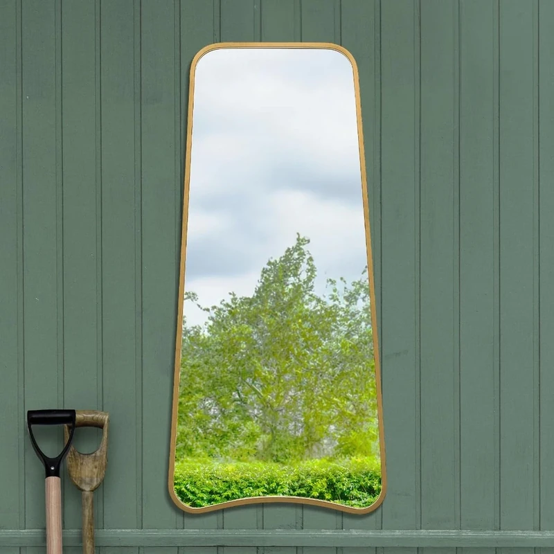 MirrorOutlet The Coartans - Gold Metal Isosceles Trapezoid Framed Garden Wall Mirror 48" X 23" (122CM X 58CM) Extra Large.