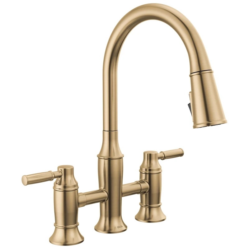 Delta Renaldi Brushed Gold Kitchen Faucet with Pull Down Sprayer, Bridge 3 Hole Modern Kitchen Sink Faucet, Two-Handle, Lumicoat Champagne Bronze 2384L-CZ-PR-DST