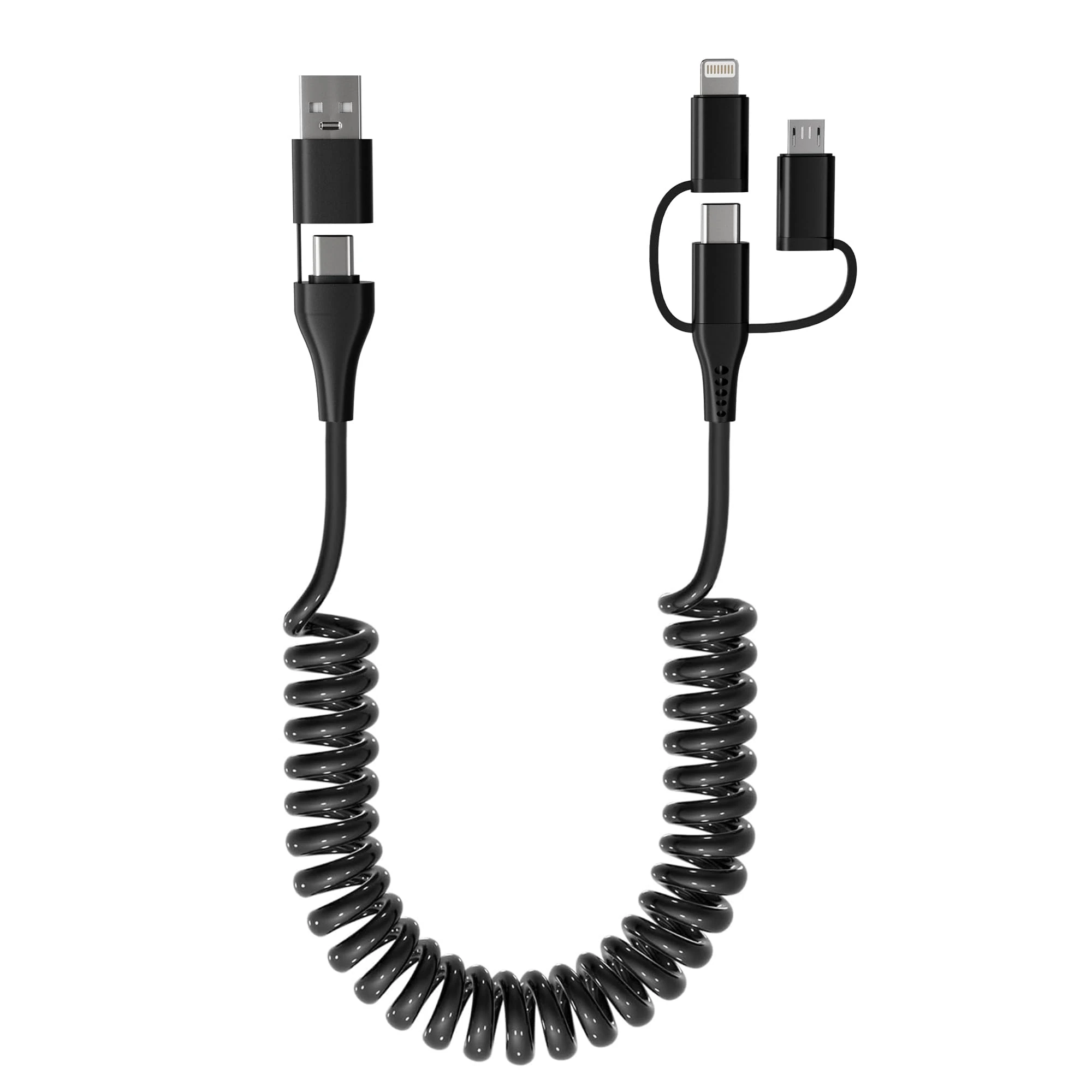 Coiled Multi Charging Cable - USB C Lightning Micro USB 5 in 1 Compatible Apple Carplay & Android Auto [MFi & PD 60W & Data Sync] for iPhone 16 15 14 13 Android Samsung Laptop