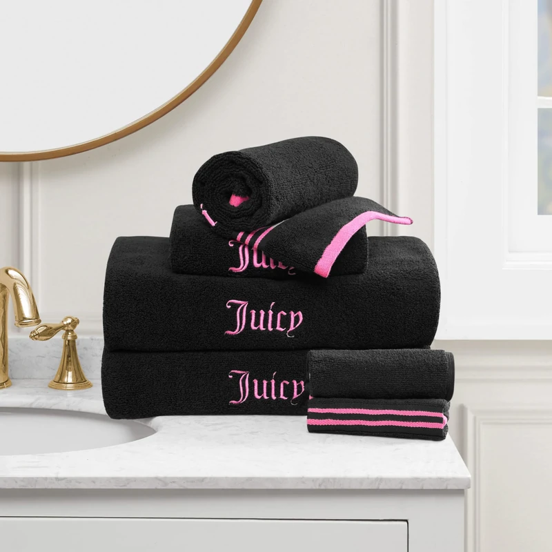 Juicy Couture Black/Hot Pink Neon Border Bath Towels 6-Piece 100% Cotton Bath Towel Set