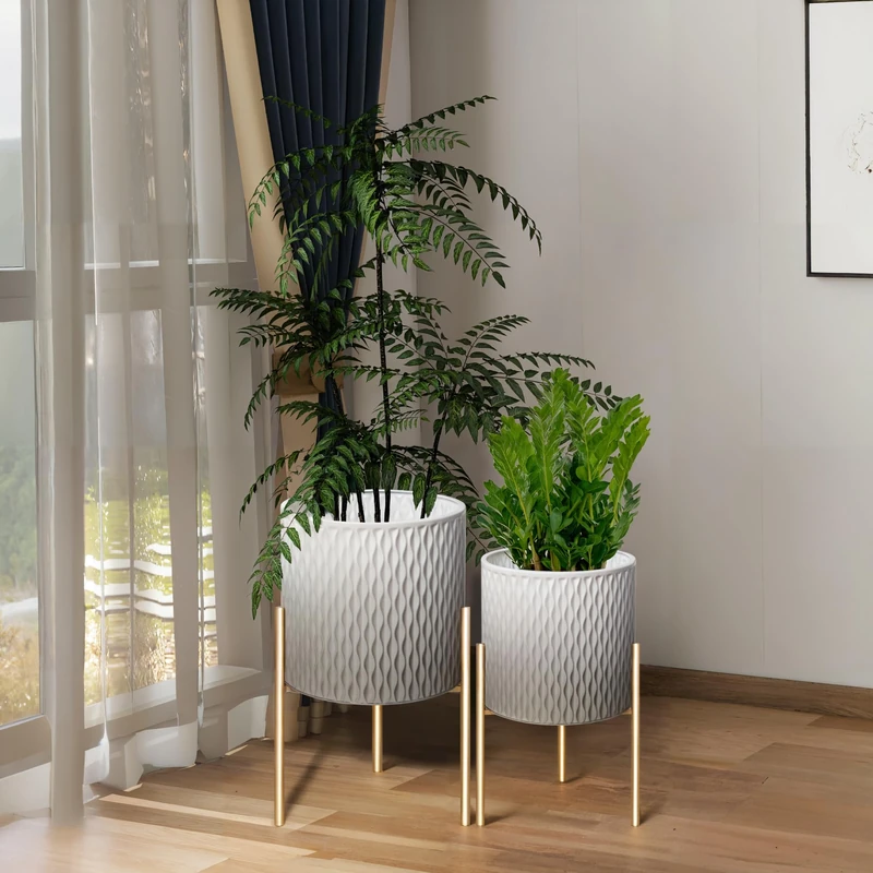 ARNIS Plants Pots with Stand,Set of 2 Flower Pots, Unique Mid Century Decorative Metal Flower Pots with Drainage,10.5&12.25 Inch, Grey and White