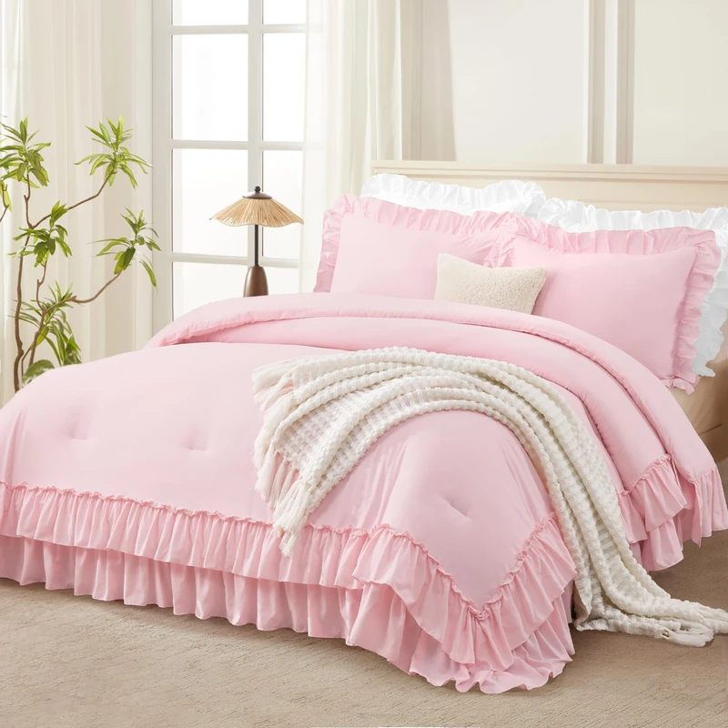 Andency Pink Ruffle Comforter Set King, 3 Pieces Solid Bedding