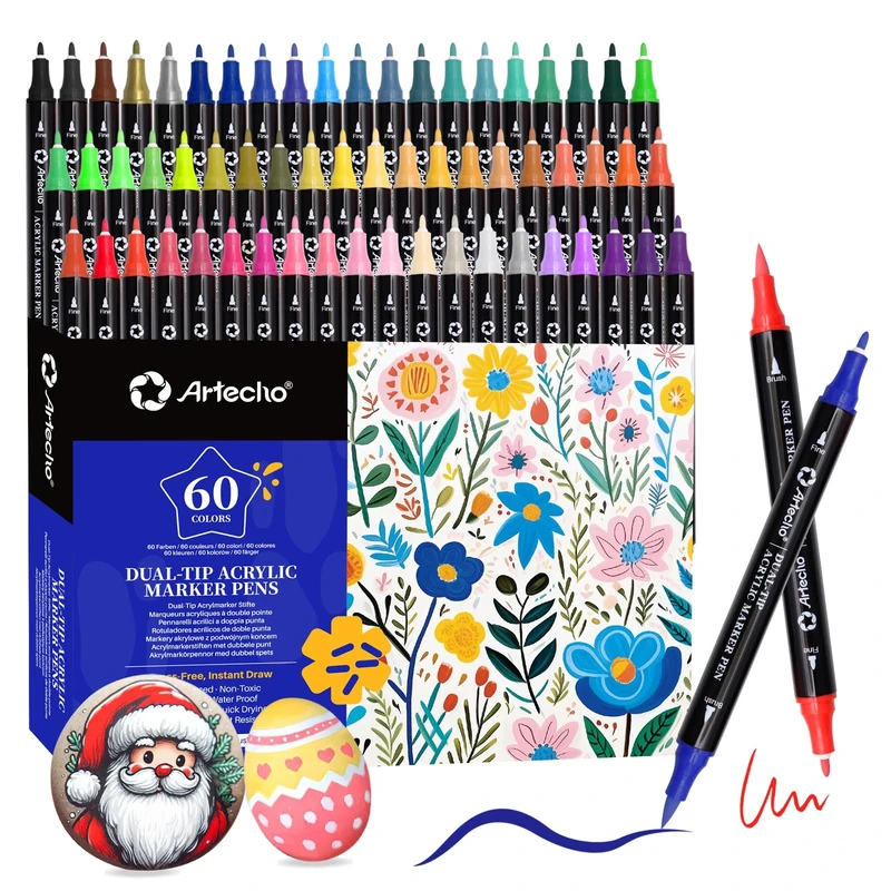 Artecho Acrylic Paint Pens 60 Colors, Dual Tip Acrylic Paint Markers with Brush Tip and Fine Tip for Rock Painting, Glass, Paper, Wood, Egg, Canvas, Ceramic, Fabric, leather, DIY Crafts