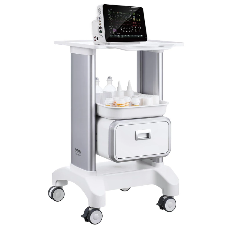 VEVOR 2 Tiers Lab Carts, Lab Utility Cart with 1 Drawer & 1 Top Tray, Mobile Medical Cart with ABS Material, Lab Rolling Cart with 4 Silent Wheels for Lab, Clinic, Hospital, Salon, White - Image 1