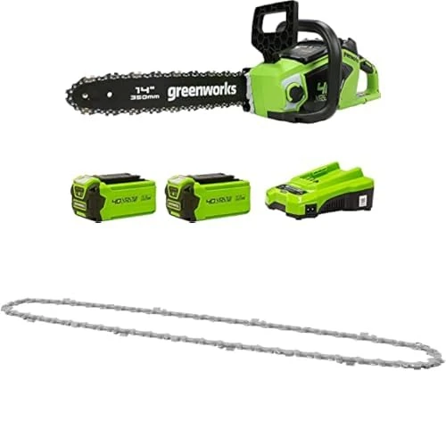 Greenworks Cordless Chainsaw with Brushless Motor, 14 Inch (35cm) Bar Length Two of 40V 2Ah Batteries & Charger-GD40CS15K2X + Greenworks Replacement 35cm Chain