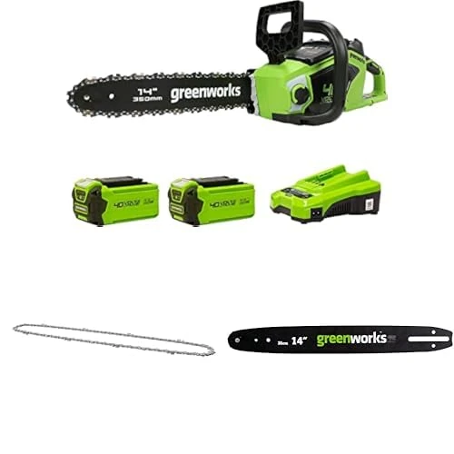 Greenworks Cordless Chainsaw with Brushless Motor, 14 Inch (35cm) Bar Length, Two of 40V 2Ah Batteries & Charger-GD40CS15K2X + Greenworks Replacement 35cm Chain + Greenworks 35cm Guide Bar
