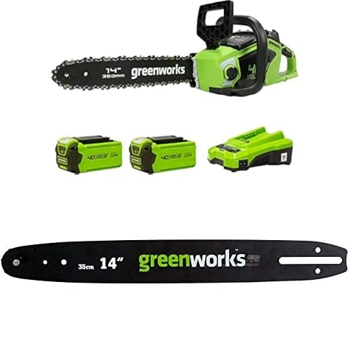 Greenworks Cordless Chainsaw with Brushless Motor, 14 Inch (35cm) Bar Length, Two of 40V 2Ah Batteries & Charger-GD40CS15K2X + Greenworks 35cm Guide Bar