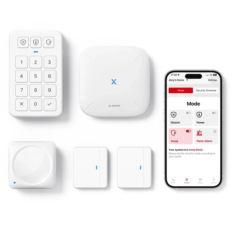 X-Sense Smart Home Security Systems, Wireless alarm systems, Works with Alexa, Supports Mobile App Alerts, Includes 1 Base Station, 2 Door Alarms, 1 Motion Alarm, 1 Keypad, AS05