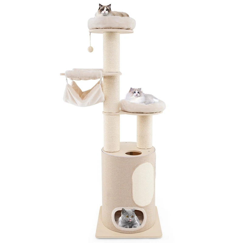 GYMAX Wooden Cat Tree, 187cm Cat Climbing Tower with 2-Story Cat Condo, 2 Hammocks, 2 Perches, Sisal Scratching Posts & Mat & Ball, Washable Cushions, Multi-level Cat Play Center for Indoor