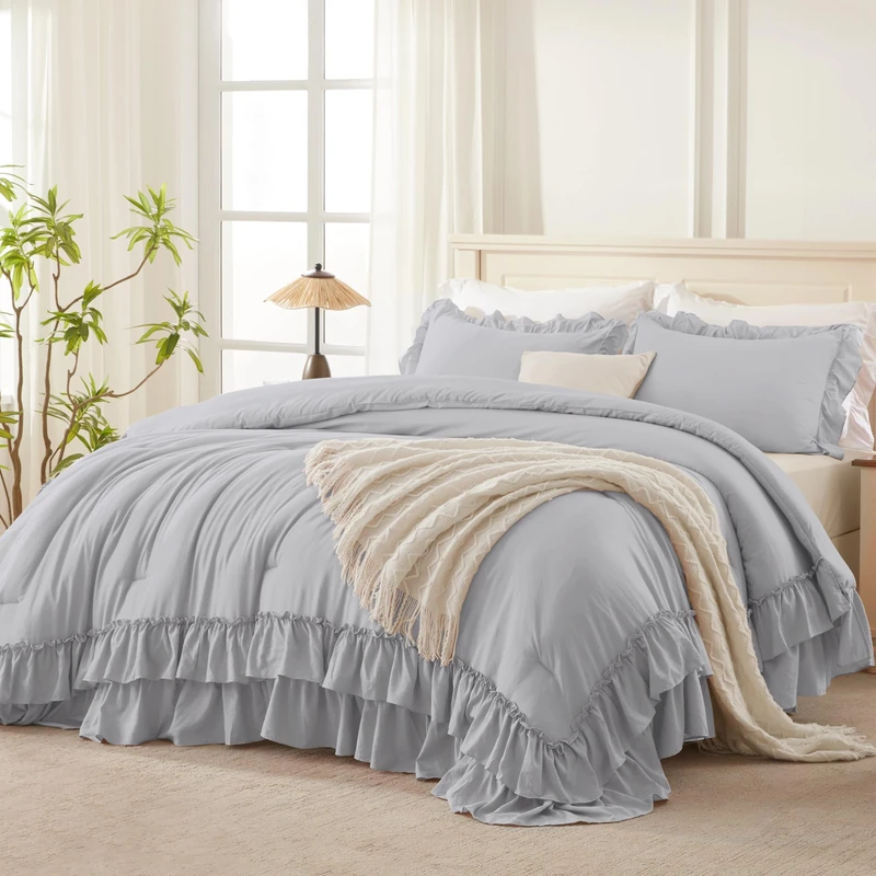 Andency Silver Gray Ruffle Full Size Comforter Set, 3 Pieces