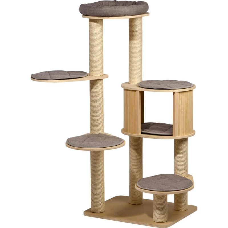 dobar® Ella Large Wooden Cat Scratching Post 5-Tier Beige Cat Furniture Suitable for Large Cats 60 x 48 x 133 cm