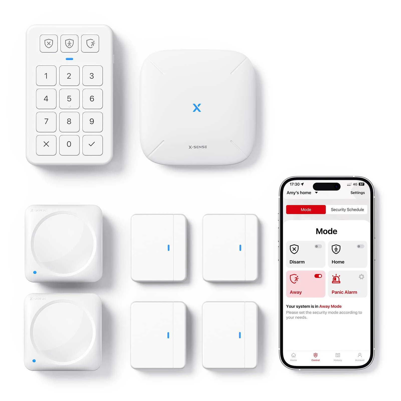 X-Sense Smart Home Security Systems, Wireless alarm systems, Works with Alexa, Supports Mobile App Alerts, Includes 1 Base Station, 4 Door Alarms, 2 Motion Sensors, 1 Keypad, AS08