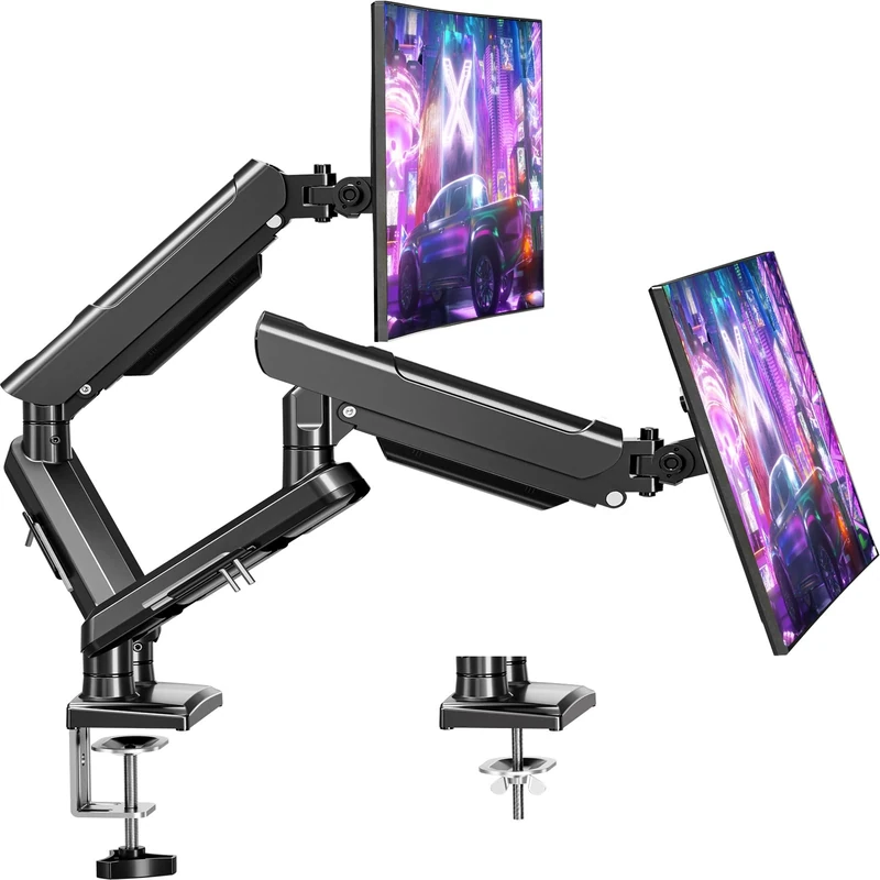 ELIVED Dual Monitor Arm Desk Mount for 13-32 inch Screen, Height Adjustable Double Gas Spring Arm, Gaming Monitor Arm Holds 2-9kg, VESA 75x75 100x100 with C-clamp& Grommet, Freelift Pro Black EV6012B