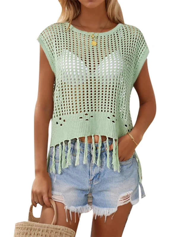 MINTLIMIT Women's Crochet Cover Up Top Summer Hollow Out Knit Beach Coverups Short Sleeve Pullover Swimsuit Tassel Top 2024