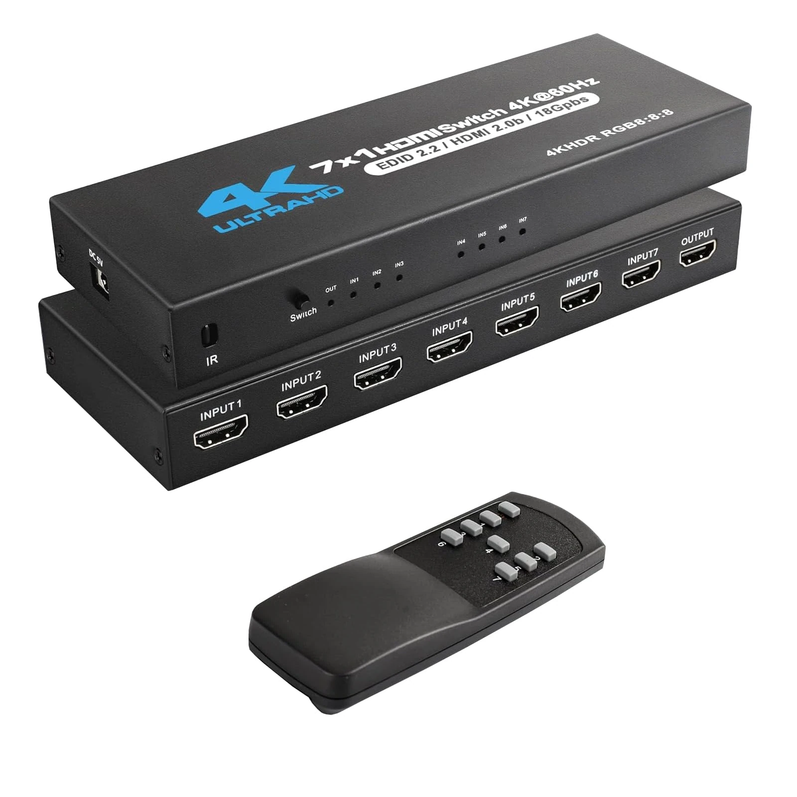 HDMI switcher 7 in 1 Out 4K 60Hz 7x1 HDMI 2.0 Switcher with Wireless IR Remote Supports 3D Dolby Vision/Atmos for HDTV Digital Projectors Home Cinema XBOX, PS5/4, Roku, Fire Stick
