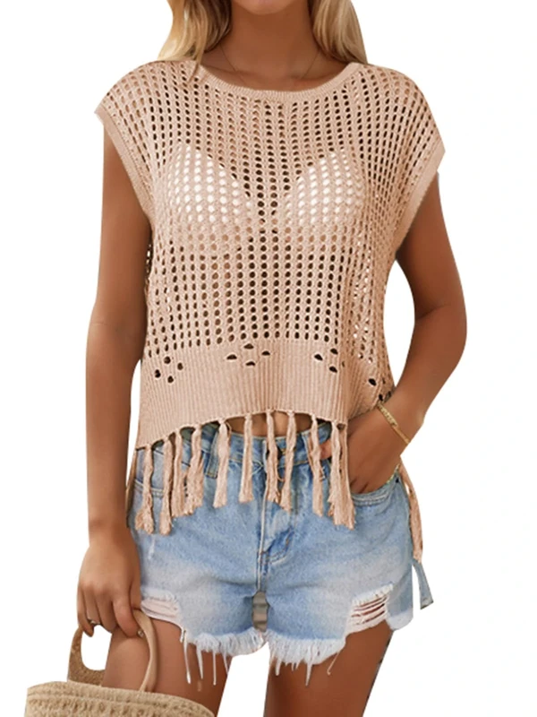 MINTLIMIT Women's Crochet Cover Up Top Summer Hollow Out Knit Beach Coverups Short Sleeve Pullover Swimsuit Tassel Top 2024