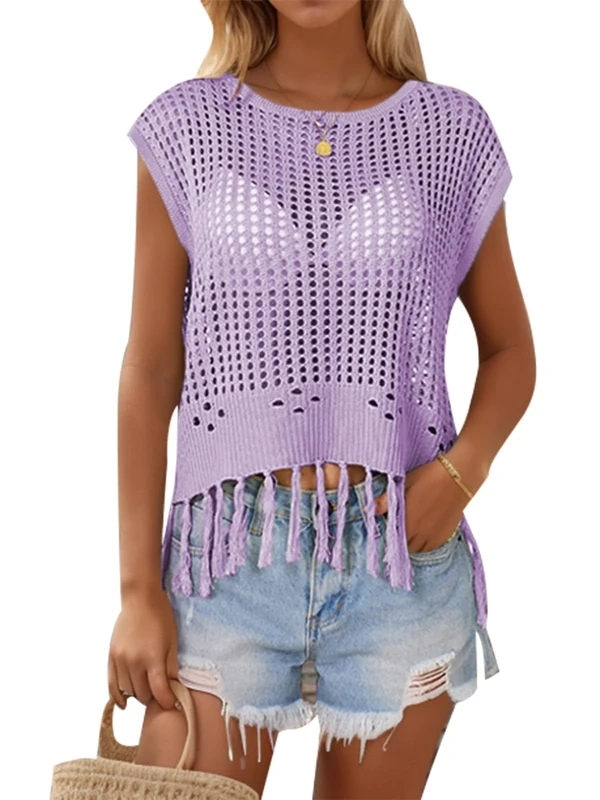 MINTLIMIT Women's Crochet Cover Up Top Summer Hollow Out Knit Beach Coverups Short Sleeve Pullover Swimsuit Tassel Top 2024