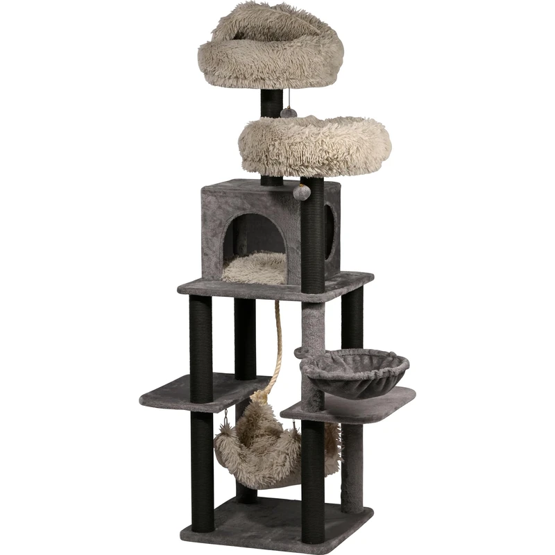 dobar® Sophie XL Wooden Scratching Post with Anthracite and Removable Covers - Sturdy Cat Furniture for Claw Care and Sleeping - 50 x 50 x 160 cm