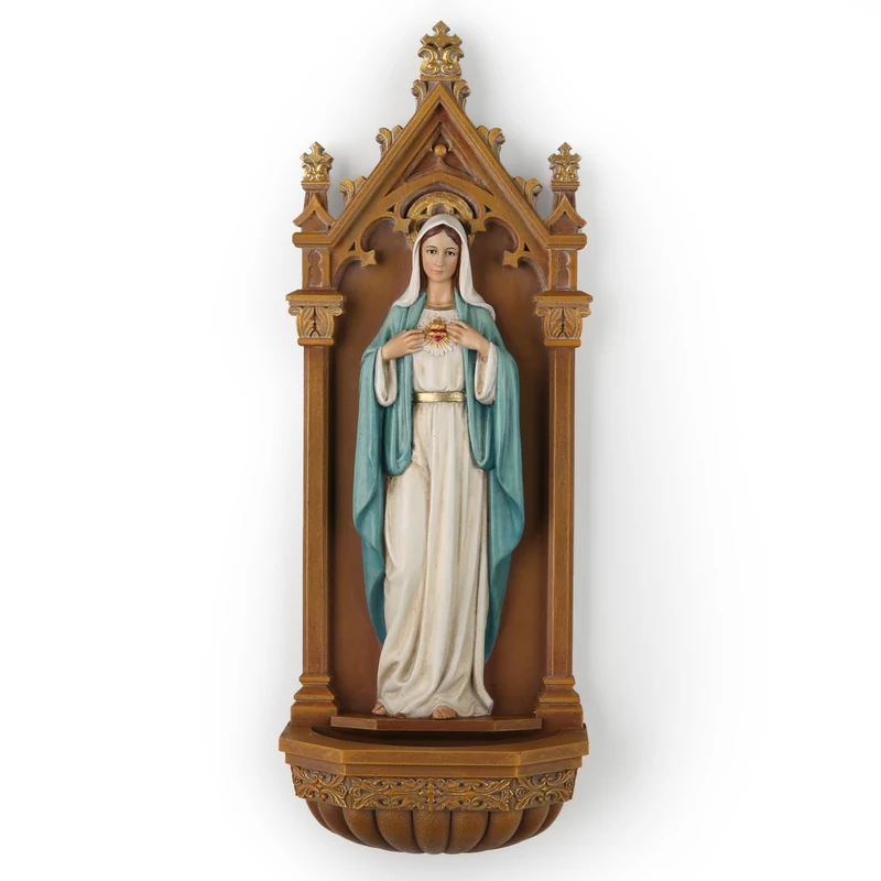 BC Catholic Immaculate Heart of Mary Statue, Blessed Virgin Mary Holy Water Font Wall Plaque, Inspirational Home Décor, Religious Gift 9" H, Renaissance Sculpture Handmade by Buildclassic