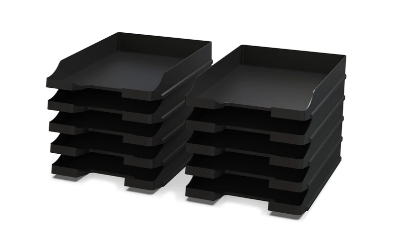Pack of 20 Document Trays A4+ Black - Stackable Desk Organiser - Plastic Office Tray - Paper Holder - Mail Baskets - 35x25x5,2 cm