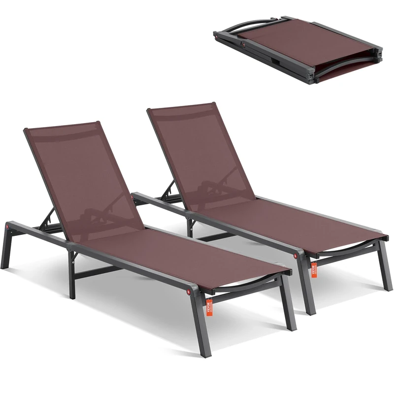 VEVOR Chaise Lounge Chairs Outdoor, Aluminum Patio Chairs with Adjustable 5-Position, Folding Pool Chair Recliner and Full Flat Tanning Chair for Patio, Beach, Pool, Brown, 2 pcs