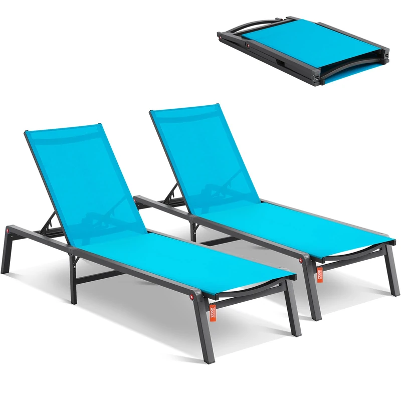 VEVOR Chaise Lounge Chairs Outdoor, Aluminum Patio Chairs with Adjustable 5-Position, Folding Pool Chair Recliner and Full Flat Tanning Chair for Patio, Beach, Pool, Blue, 2 pcs