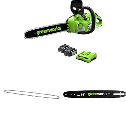 Greenworks 48V(2x24V) Cordless 35cm brushless Chainsaw with Two 4Ah Batteries & Double charger-GD24X2CS36K4X + Greenworks Replacement 35cm Chain + Greenworks 35cm Guide Bar