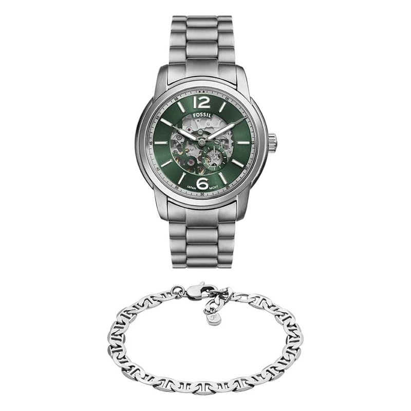 Fossil Men's Heritage Silver-Tone Stainless Steel Watch and Bracelet, Set