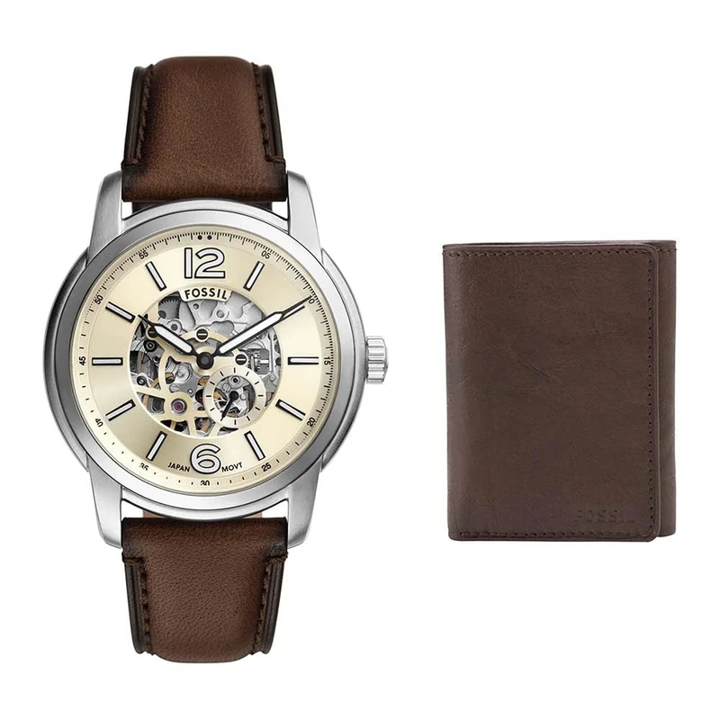 Fossil Men's Everett Brown Leather Watch and Ingram Wallet, Set