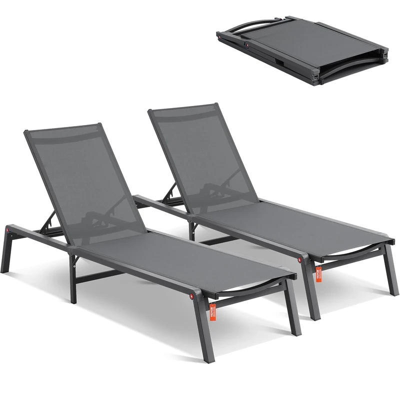 VEVOR Chaise Lounge Chairs Outdoor, Aluminum Patio Chairs with Adjustable 5-Position, Folding Pool Chair Recliner and Full Flat Tanning Chair for Patio, Beach, Pool, Dark Grey, 2 pcs