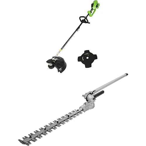 Greenworks 40V Cordless Brushcutter Brushless, Adjustable Height, 40cm Cutting Width, Bump Feed, No Battery & Charger, GD40BC + Extra Hedge Trimmer Attachment