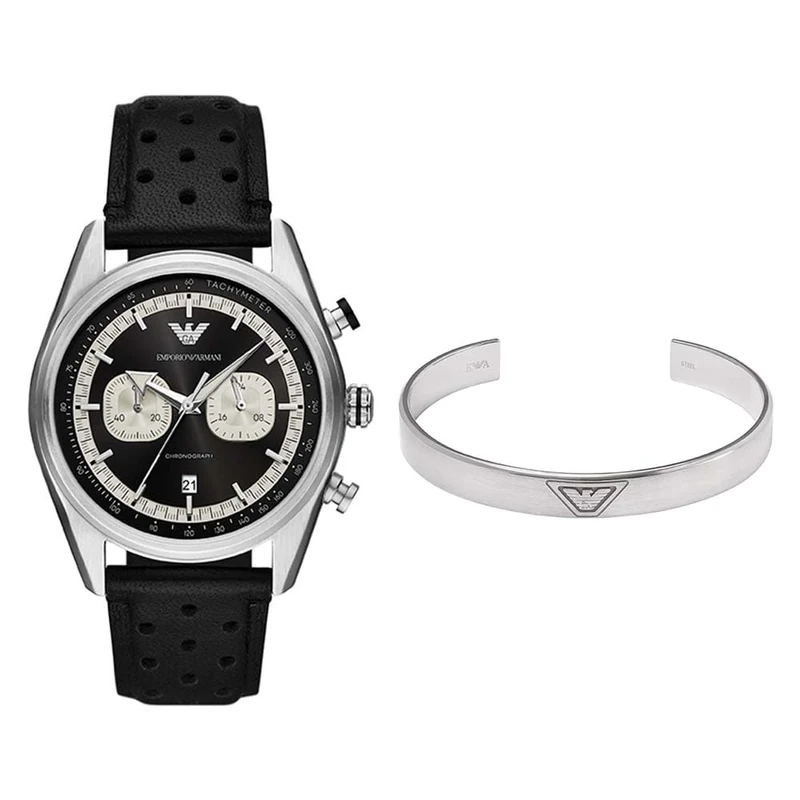 Emporio Armani Men's Black Leather Watch and Silver-Tone Stainless Steel Bracelet, Set