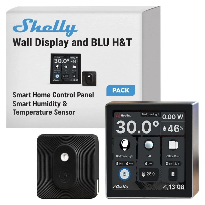 Shelly Wall Display Black + Blu H&T Black (Bundle), Wi-Fi Smart Home Control Panel, Thermostat, Integrated 5A Relay, Neutral Conductor Required, Environmental Data, Control Panel, Alexa & Google Home